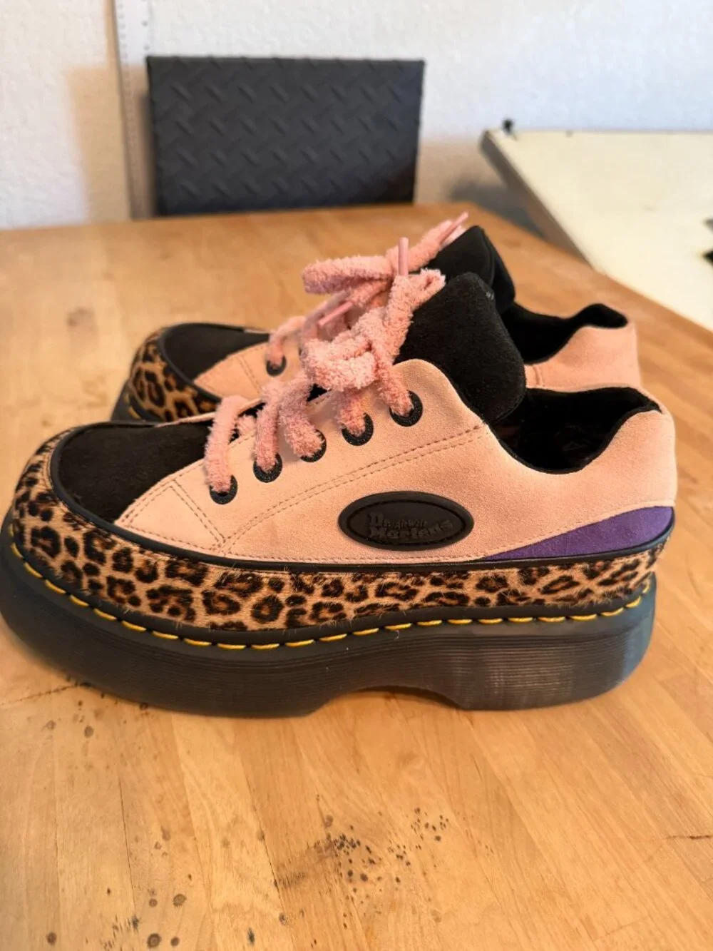 Dr. Marten s Buzz 5-Eye Pink Suede and Leopard Hair Platform Shoe - RARE